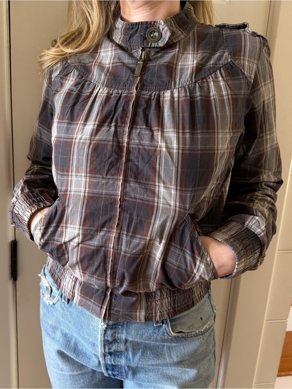 TOPSHOP Moto plaid bomber